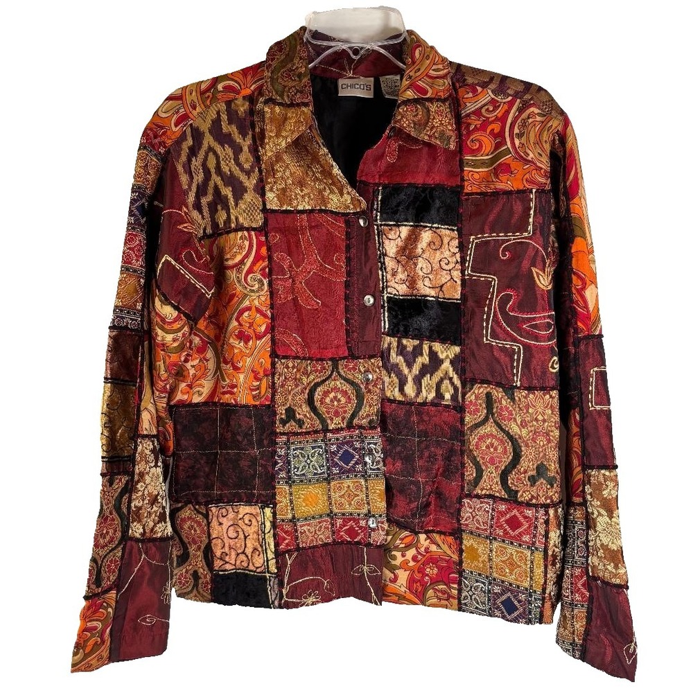 Chico's Top Button Up Patchwork Women's Size 0 Boho‎